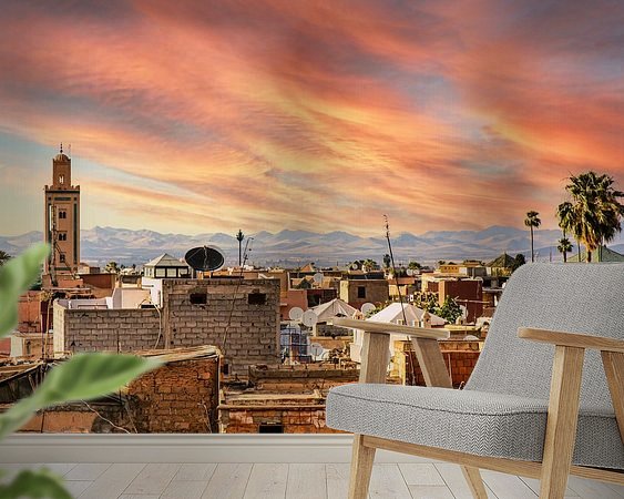 View over old town of Marrakech to High Atlas Mountains in Morocco